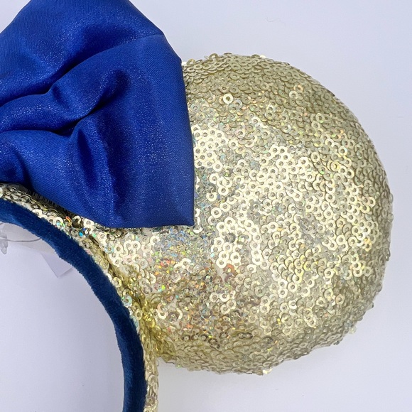 Disney World 50th Anniversary Gold Sequin Blue Satin Minnie Bow Ear Headband - Picture 4 of 10